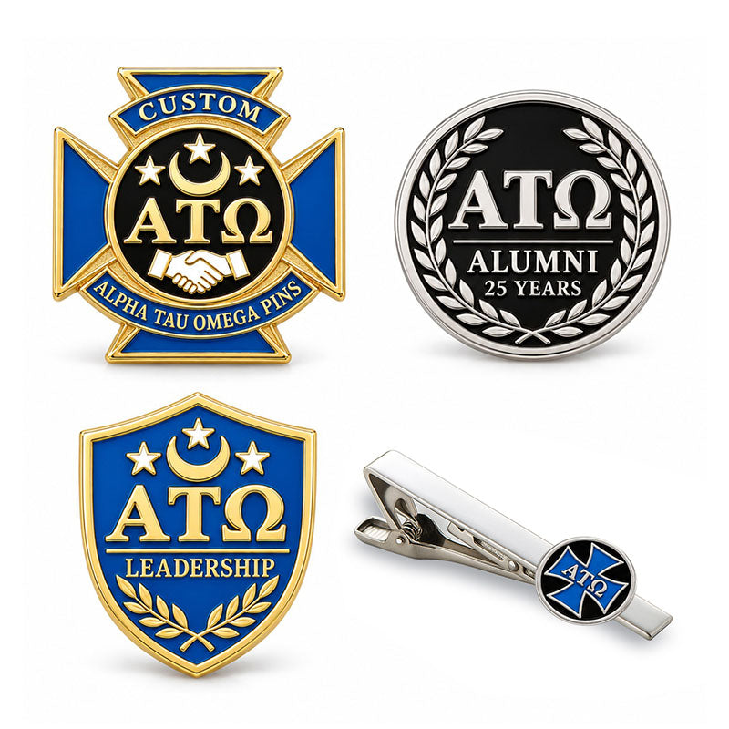 Custom Alpha Tau Omega pin displayed in a black presentation case
