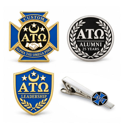 Custom Alpha Tau Omega pin displayed in a black presentation case