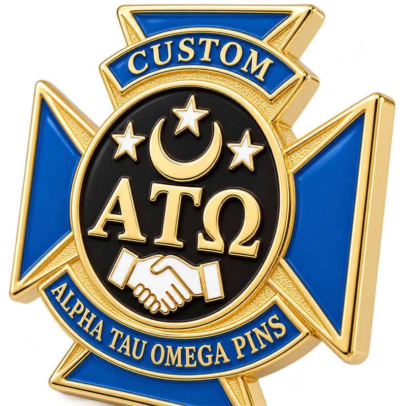 Close-up detail of custom Alpha Tau Omega pin enamel colors and polished metal finish