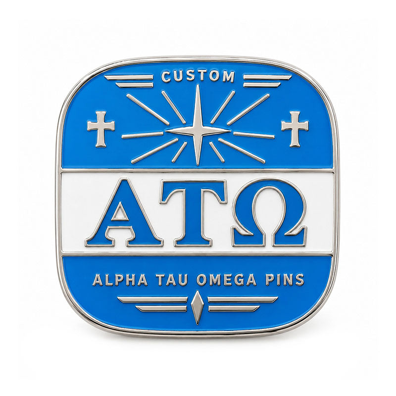 Silver-tone custom Alpha Tau Omega pin with detailed enamel fraternity emblem