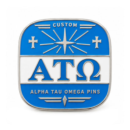 Silver-tone custom Alpha Tau Omega pin with detailed enamel fraternity emblem
