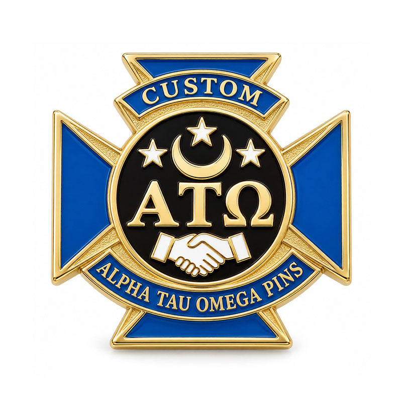 Gold-tone custom Alpha Tau Omega pin with detailed enamel fraternity emblem