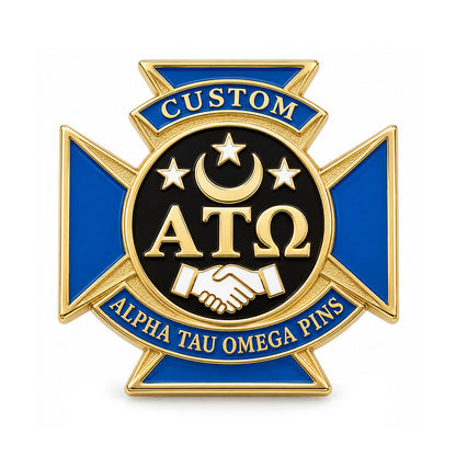 Gold-tone custom Alpha Tau Omega pin with detailed enamel fraternity emblem