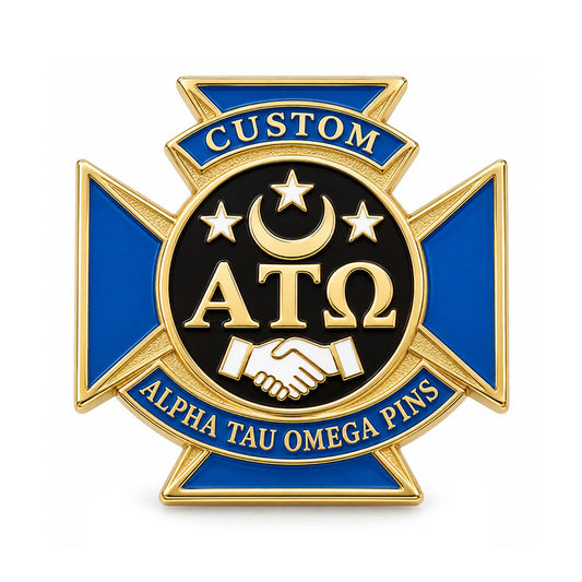 Gold-tone custom Alpha Tau Omega pin with detailed enamel fraternity emblem