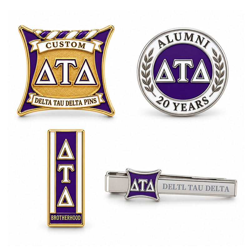 Custom Delta Tau Delta pin displayed in a black presentation case