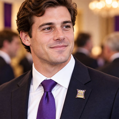 Custom Delta Tau Delta pin worn on formal attire in a fraternity event setting