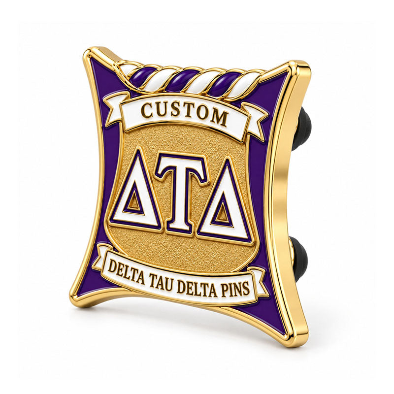 Angled side view of custom Delta Tau Delta pin showing metal depth and backing
