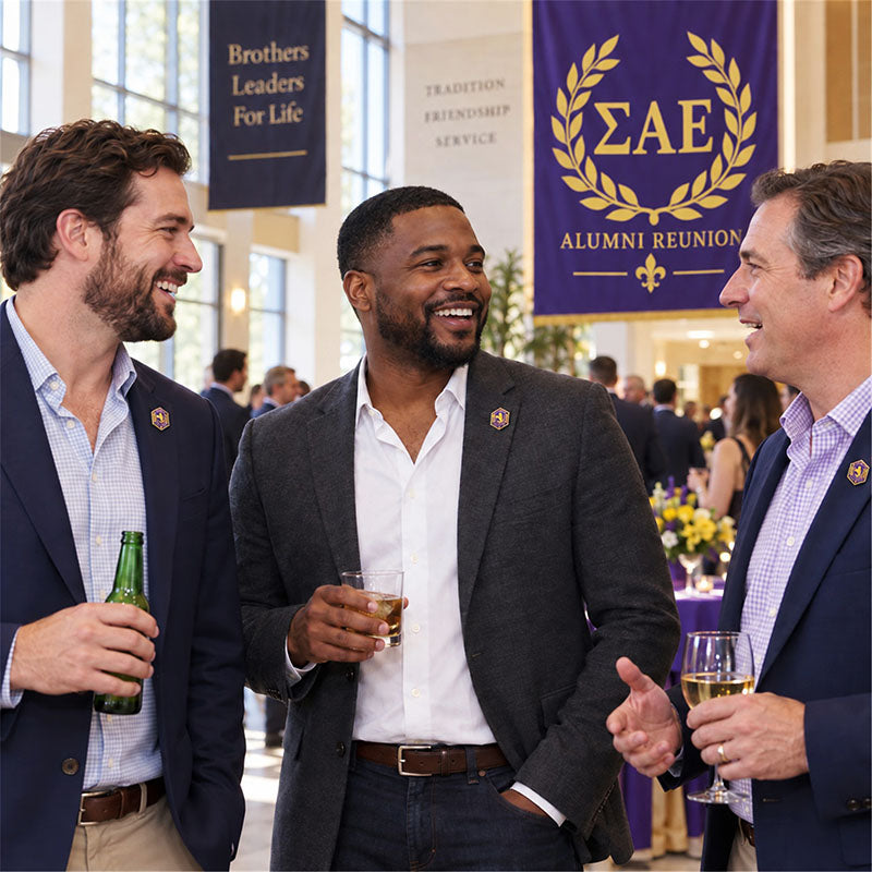Custom Sigma Alpha Epsilon pin worn on formal attire in a fraternity event setting