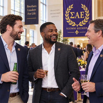 Custom Sigma Alpha Epsilon pin worn on formal attire in a fraternity event setting