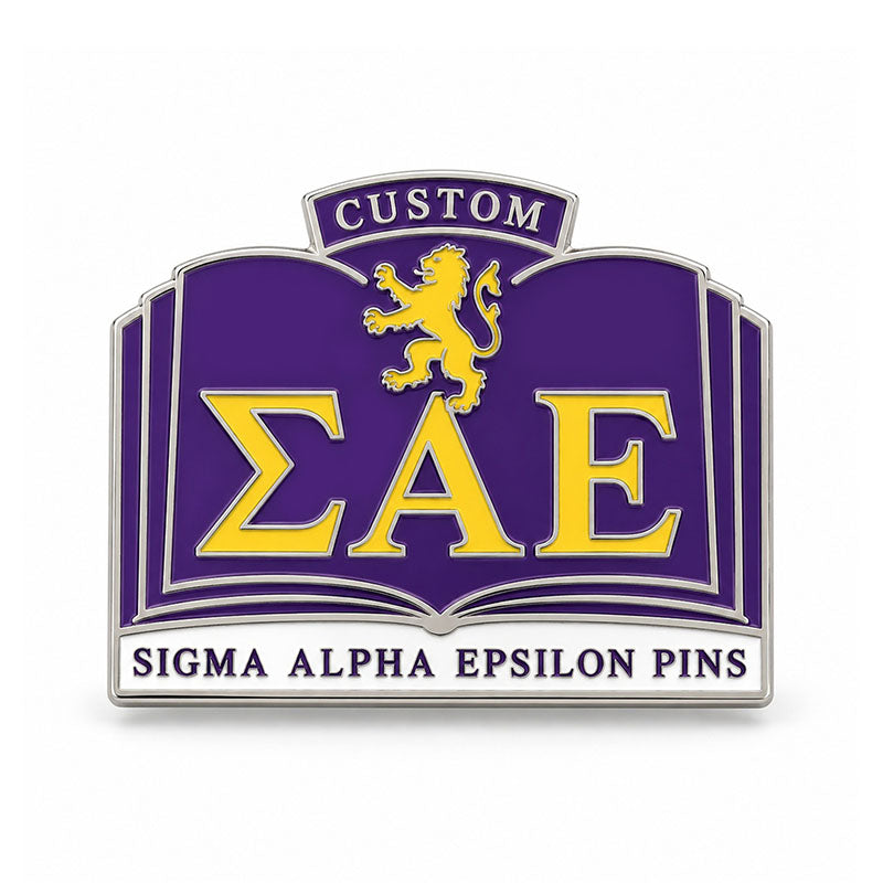 Silver-tone custom Sigma Alpha Epsilon pin with detailed enamel fraternity emblem