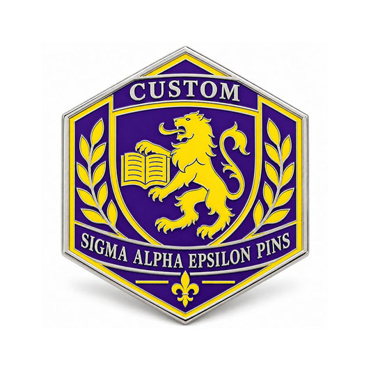 Gold-tone custom Sigma Alpha Epsilon pin with detailed enamel fraternity emblem