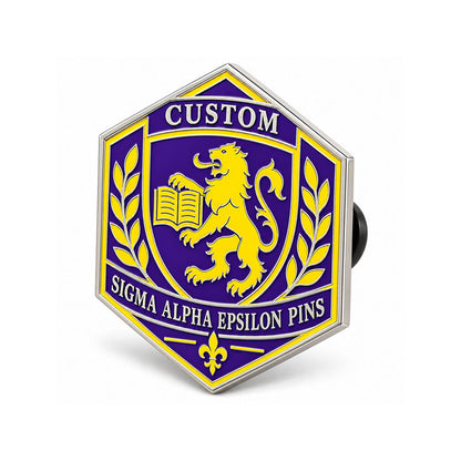 Angled side view of custom Sigma Alpha Epsilon pin showing metal depth and backing