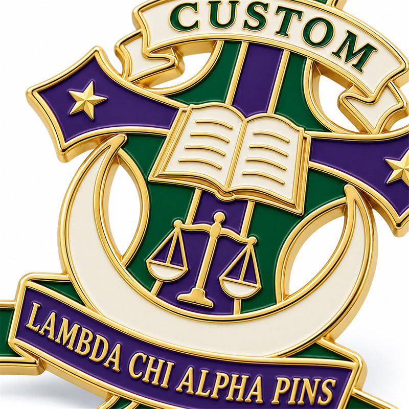 Close-up detail of custom Lambda Chi Alpha pin enamel colors and polished metal finish