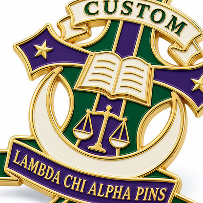 Close-up detail of custom Lambda Chi Alpha pin enamel colors and polished metal finish