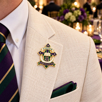 Custom Lambda Chi Alpha pin worn on formal attire in a fraternity event setting