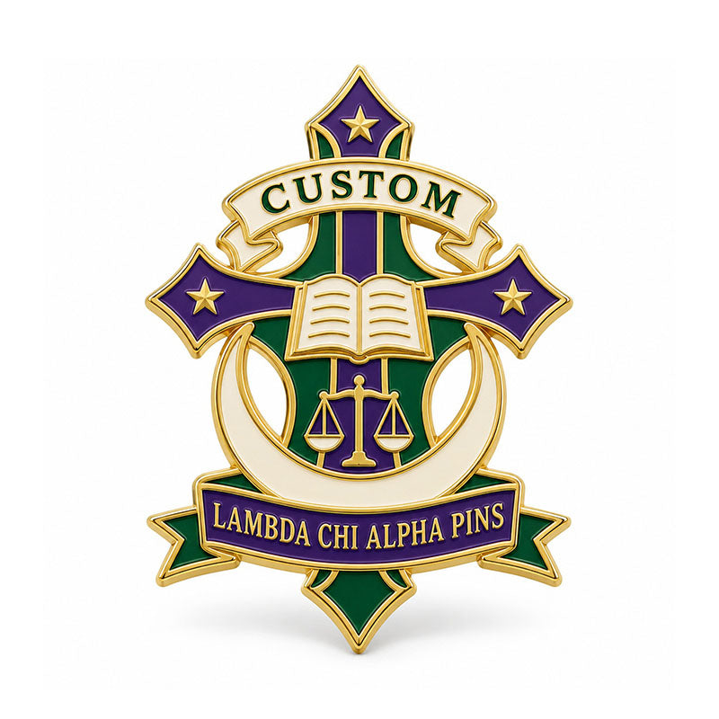 Gold-tone custom Lambda Chi Alpha pin with detailed enamel fraternity emblem