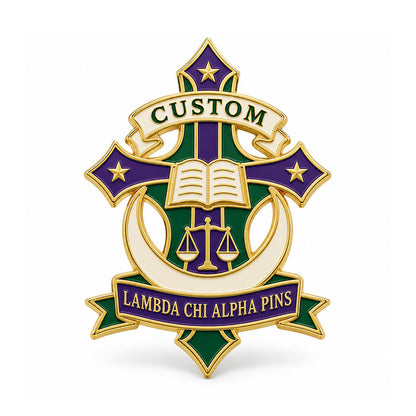 Gold-tone custom Lambda Chi Alpha pin with detailed enamel fraternity emblem