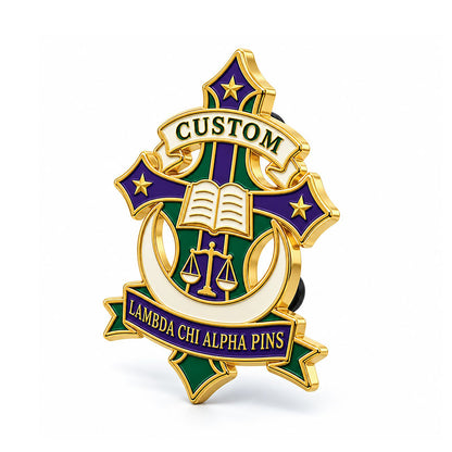 Angled side view of custom Lambda Chi Alpha pin showing metal depth and backing
