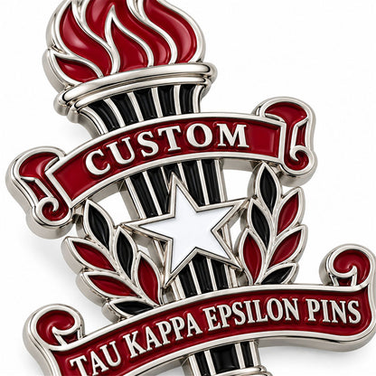 Close-up detail of custom Tau Kappa Epsilon pin enamel colors and polished metal finish
