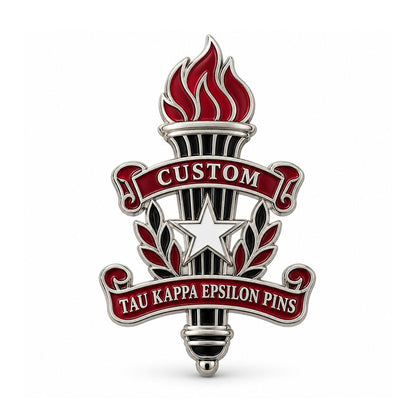 Gold-tone custom Tau Kappa Epsilon pin with detailed enamel fraternity emblem