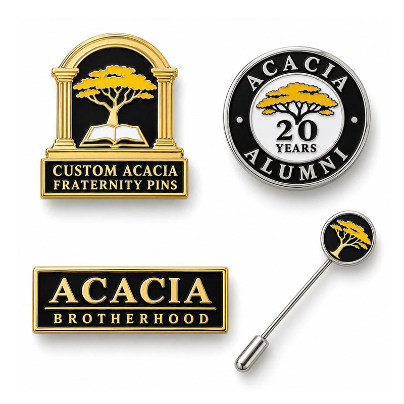 Custom Acacia fraternity pin displayed in a black presentation case
