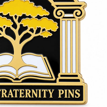 Close-up detail of custom Acacia fraternity pin enamel colors and polished metal finish