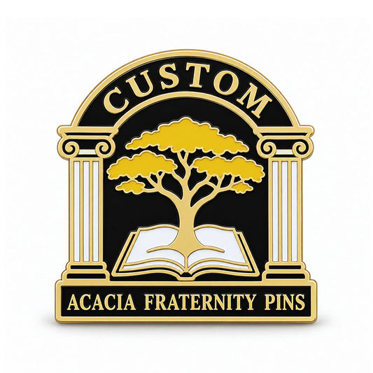 Gold-tone custom Acacia fraternity pin with detailed enamel fraternity emblem