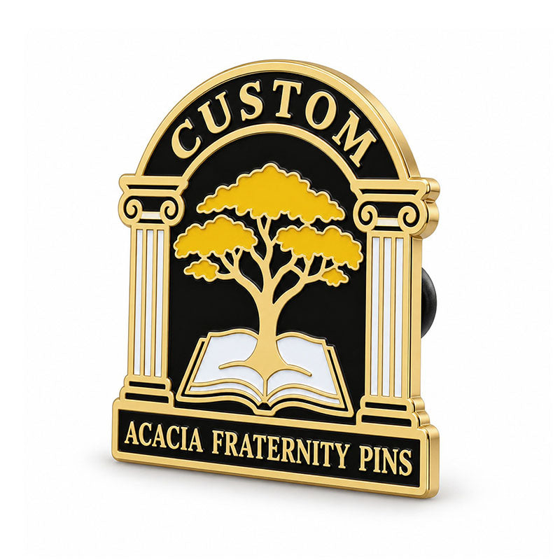 Angled side view of custom Acacia fraternity pin showing metal depth and backing