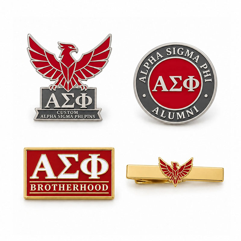 Custom Alpha Sigma Phi pin and matching tie clip displayed in a presentation case