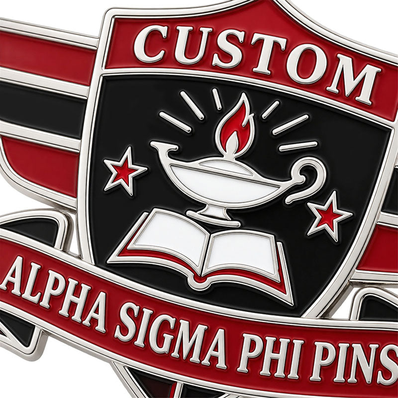 Close-up detail of custom Alpha Sigma Phi pin enamel colors and polished metal finish
