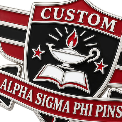Close-up detail of custom Alpha Sigma Phi pin enamel colors and polished metal finish