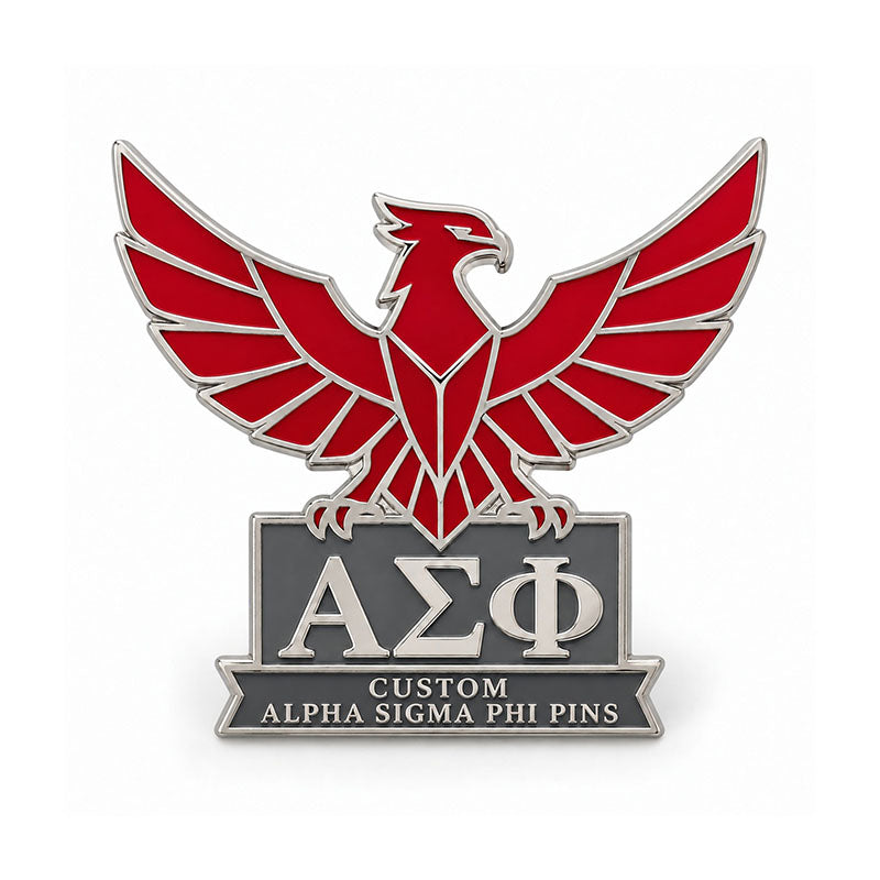 Silver-tone custom Alpha Sigma Phi pin with detailed enamel fraternity emblem
