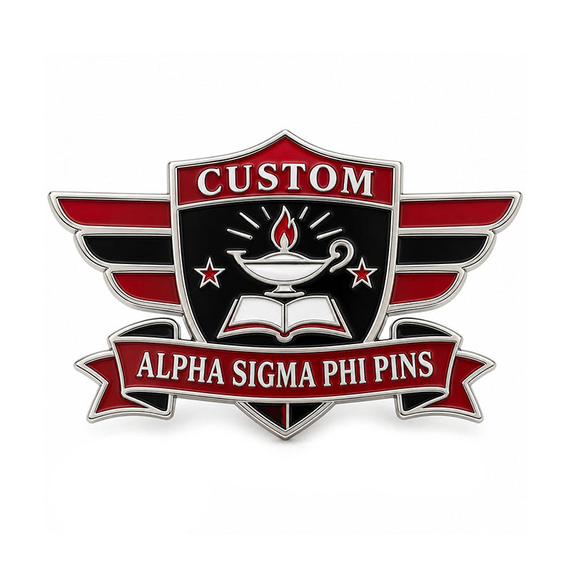 Gold-tone custom Alpha Sigma Phi pin with detailed enamel fraternity emblem