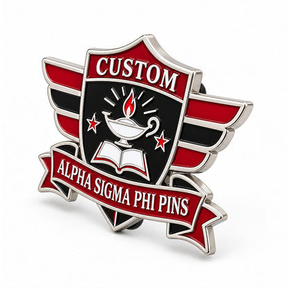 Angled side view of custom Alpha Sigma Phi pin showing metal depth and backing