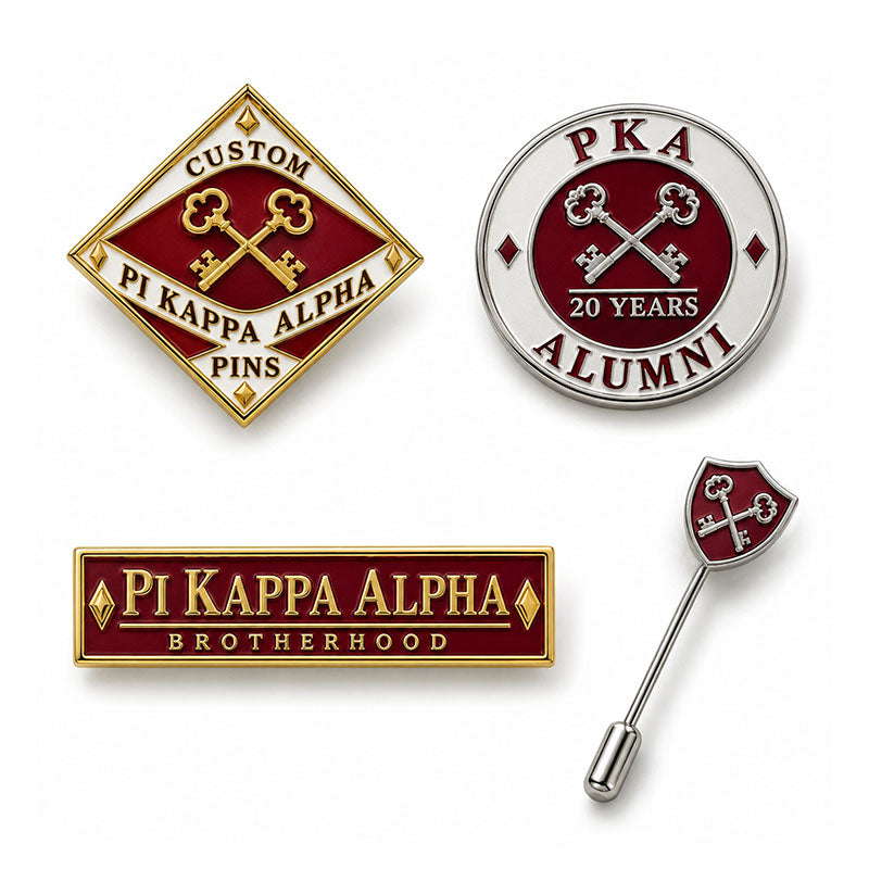 Custom Pi Kappa Alpha pin displayed in a black presentation case