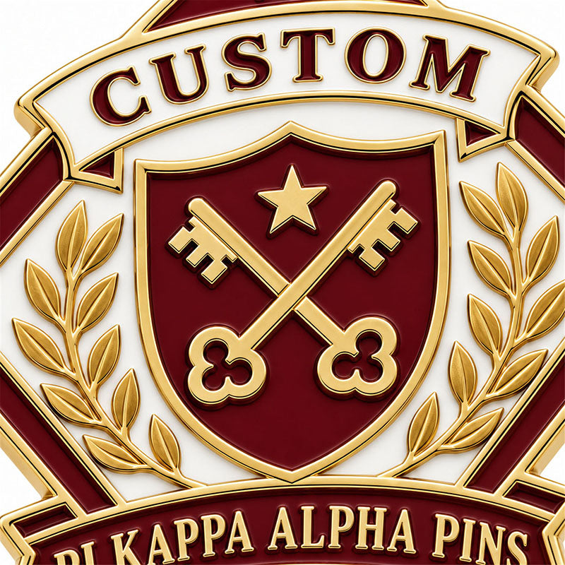 Close-up detail of custom Pi Kappa Alpha pin enamel colors and polished metal finish