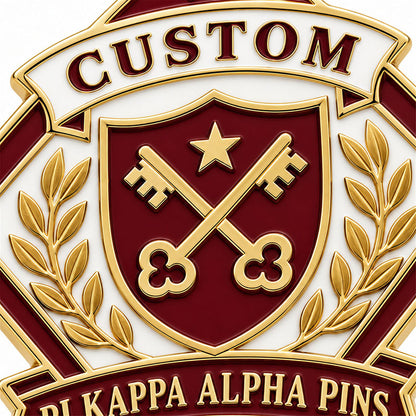 Close-up detail of custom Pi Kappa Alpha pin enamel colors and polished metal finish