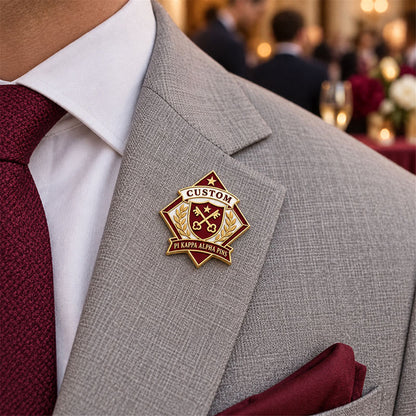 Custom Pi Kappa Alpha pin worn on formal attire in a fraternity event setting