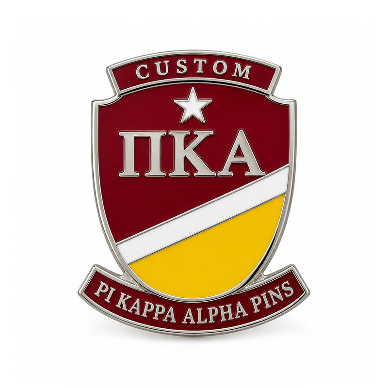 Silver-tone custom Pi Kappa Alpha pin with detailed enamel fraternity emblem