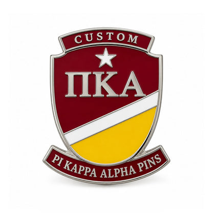 Silver-tone custom Pi Kappa Alpha pin with detailed enamel fraternity emblem