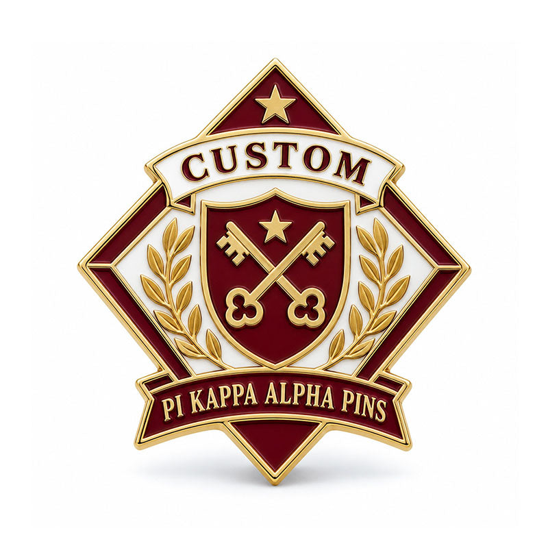 Gold-tone custom Pi Kappa Alpha pin with detailed enamel fraternity emblem