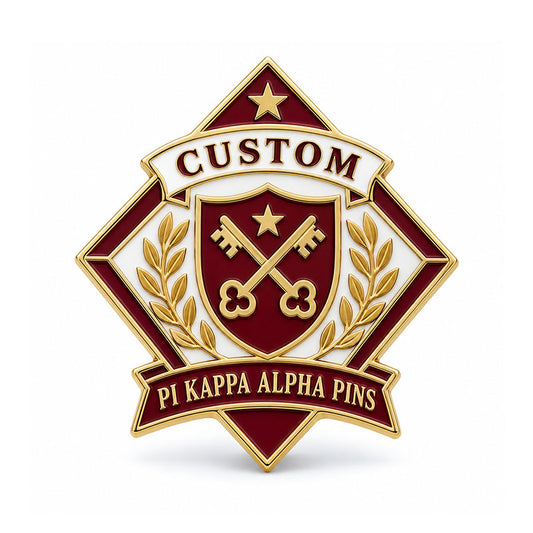 Gold-tone custom Pi Kappa Alpha pin with detailed enamel fraternity emblem