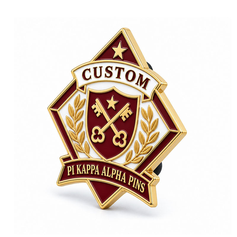 Angled side view of custom Pi Kappa Alpha pin showing metal depth and backing