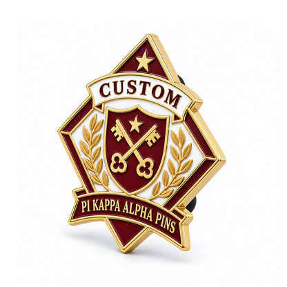 Angled side view of custom Pi Kappa Alpha pin showing metal depth and backing