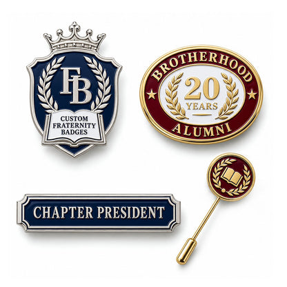 Custom fraternity badge pin displayed in a black presentation case