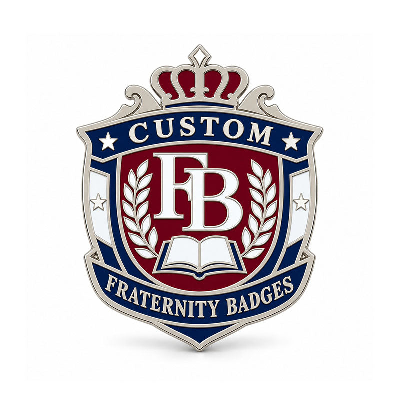 Gold-tone custom fraternity badge pin with detailed enamel fraternity emblem
