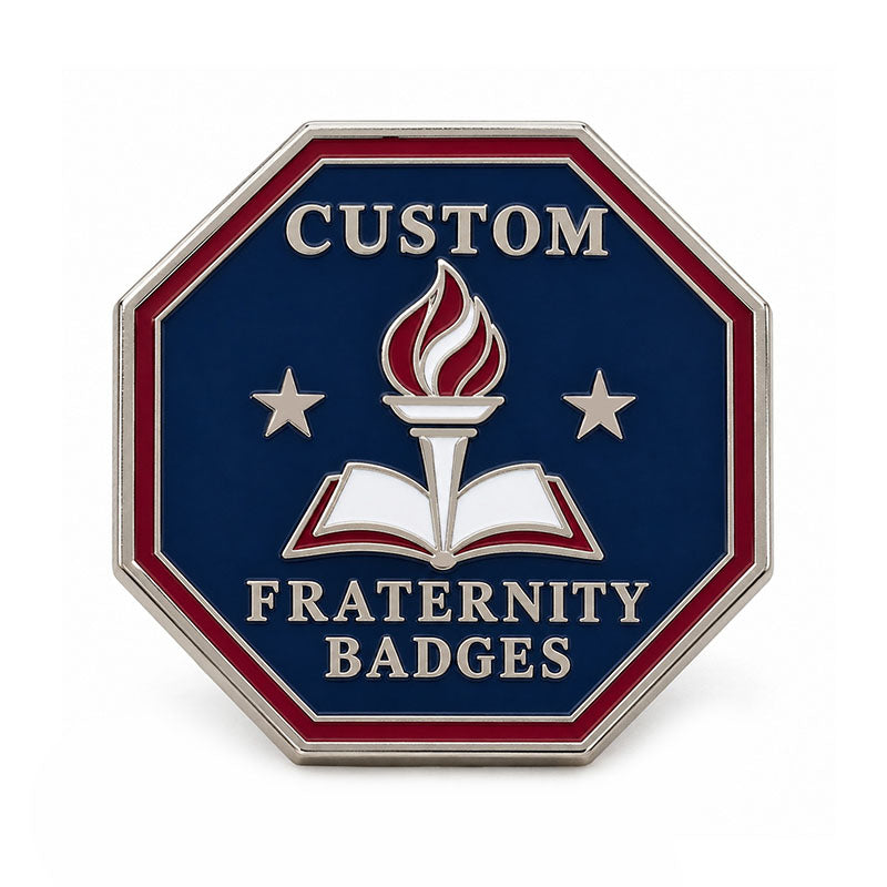 Silver-tone custom fraternity badge pin with detailed enamel fraternity emblem