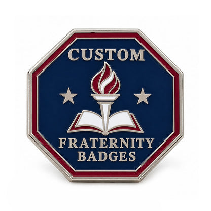 Silver-tone custom fraternity badge pin with detailed enamel fraternity emblem