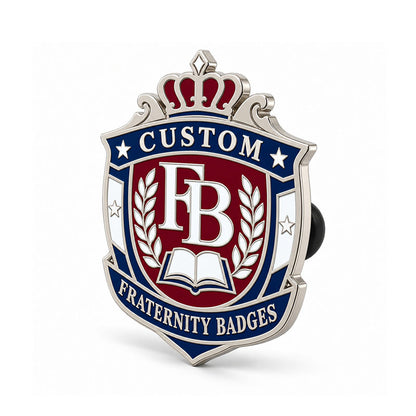 Angled side view of a flat metal custom fraternity badge badge with polished finish