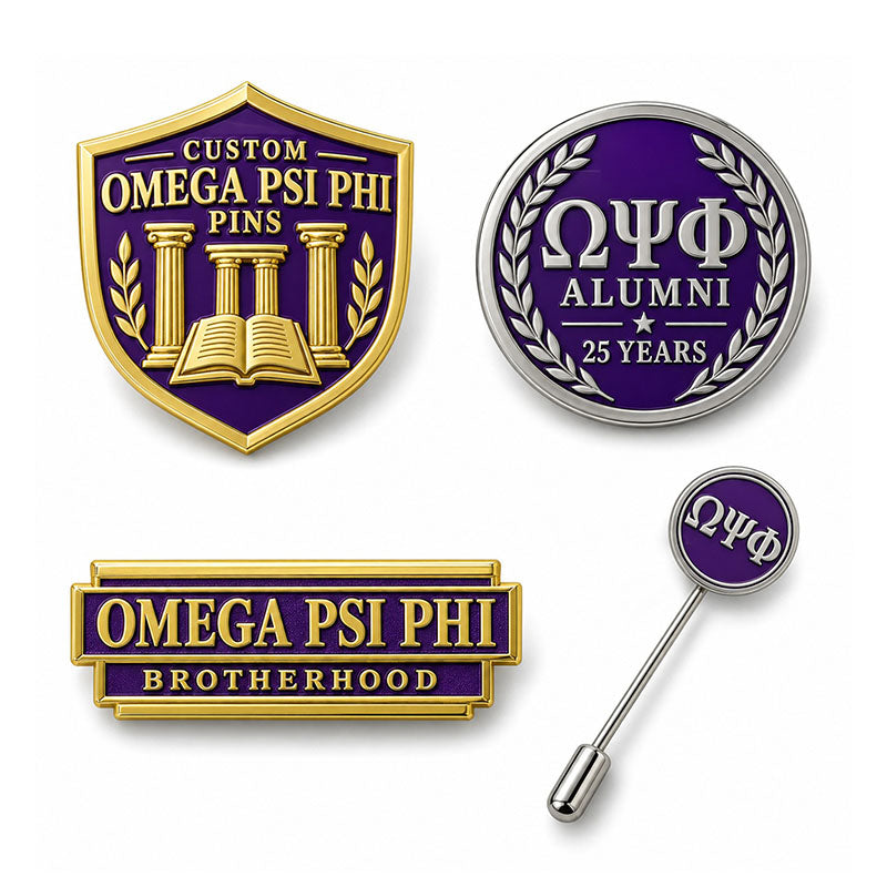 Custom Omega Psi Phi pin displayed in a black presentation case